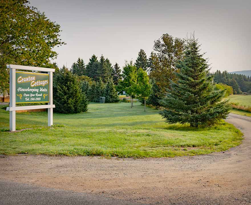 Road Sign of Cranton Cottages - Accommodations in Margaree, Cape Breton, Nova Scotia.